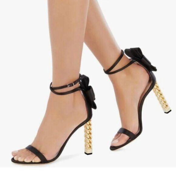FSJ Black Bows Gold Metal Chain Chunky High Heels Ankle Strap Open Toe Sandals - Picture 1 of 8
